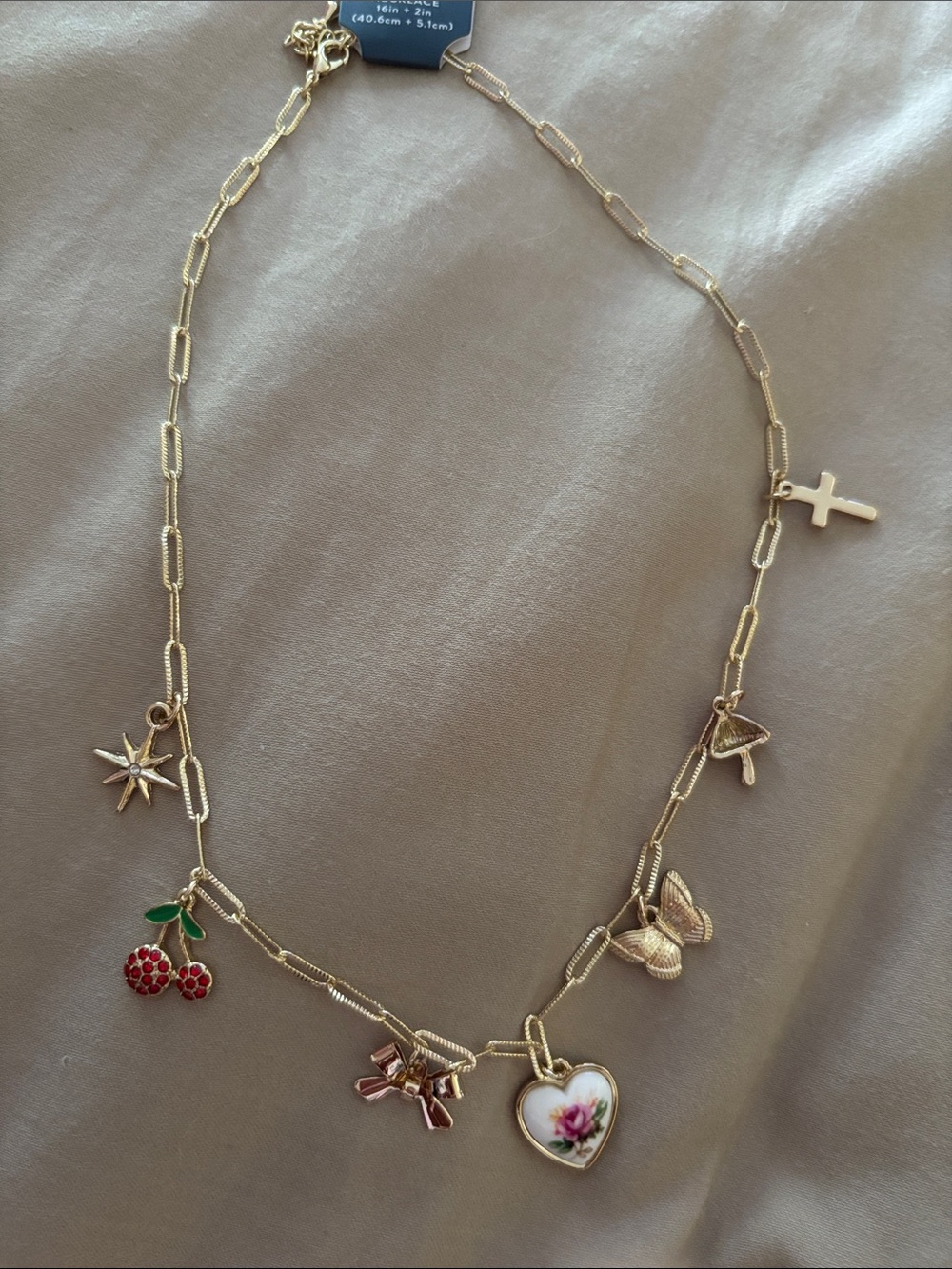 Gold-Tone Charm Necklace with Heart Floral Pendant and Enamel Cherry
